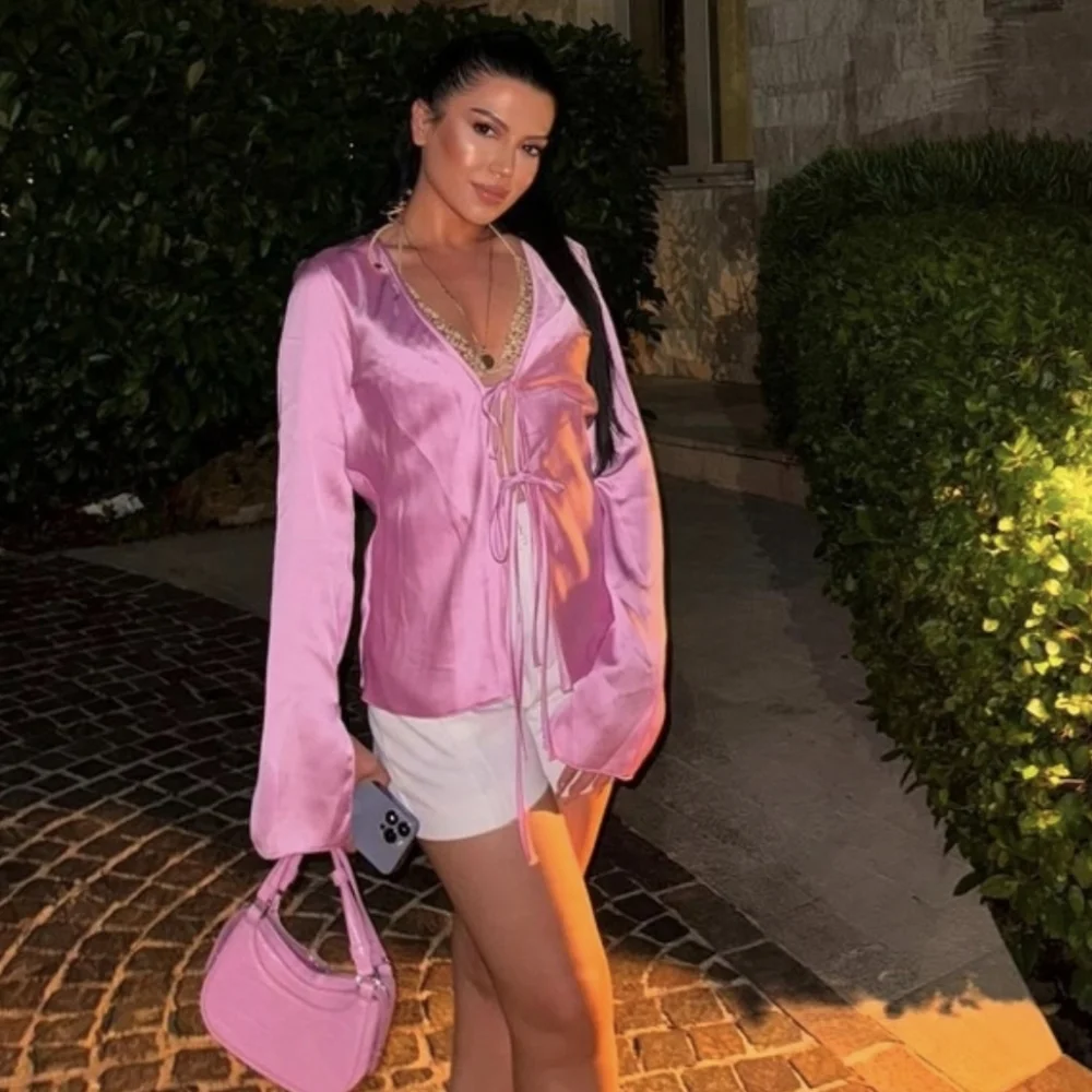 Zara Pink Satin Tie-Front Top Size XXL